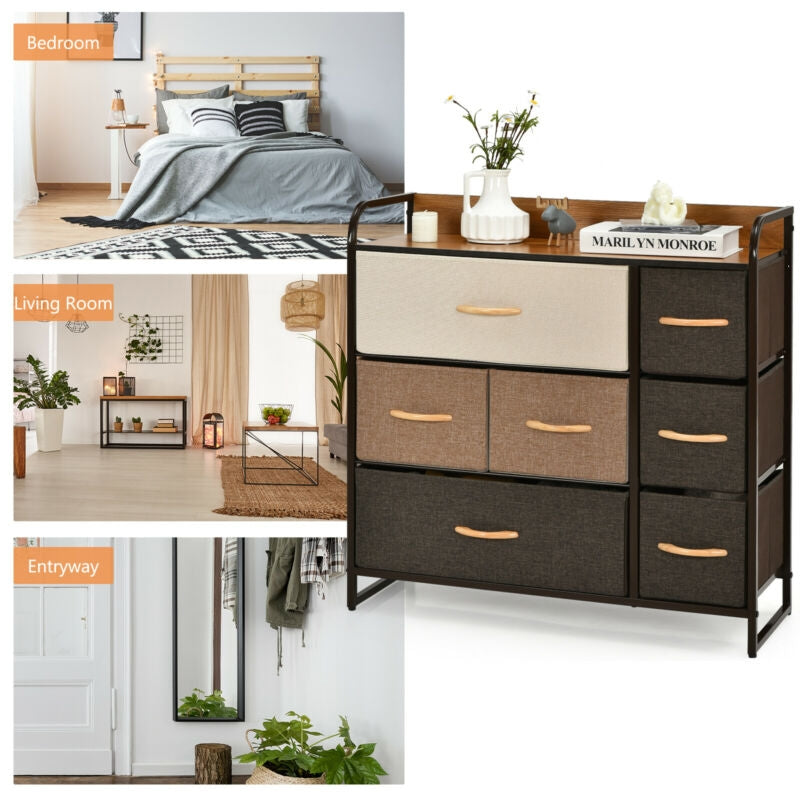 7 Drawer Tower Steel Frame and Wooden Top Dresser Storage Chest for Bedroom Kids Crystal
