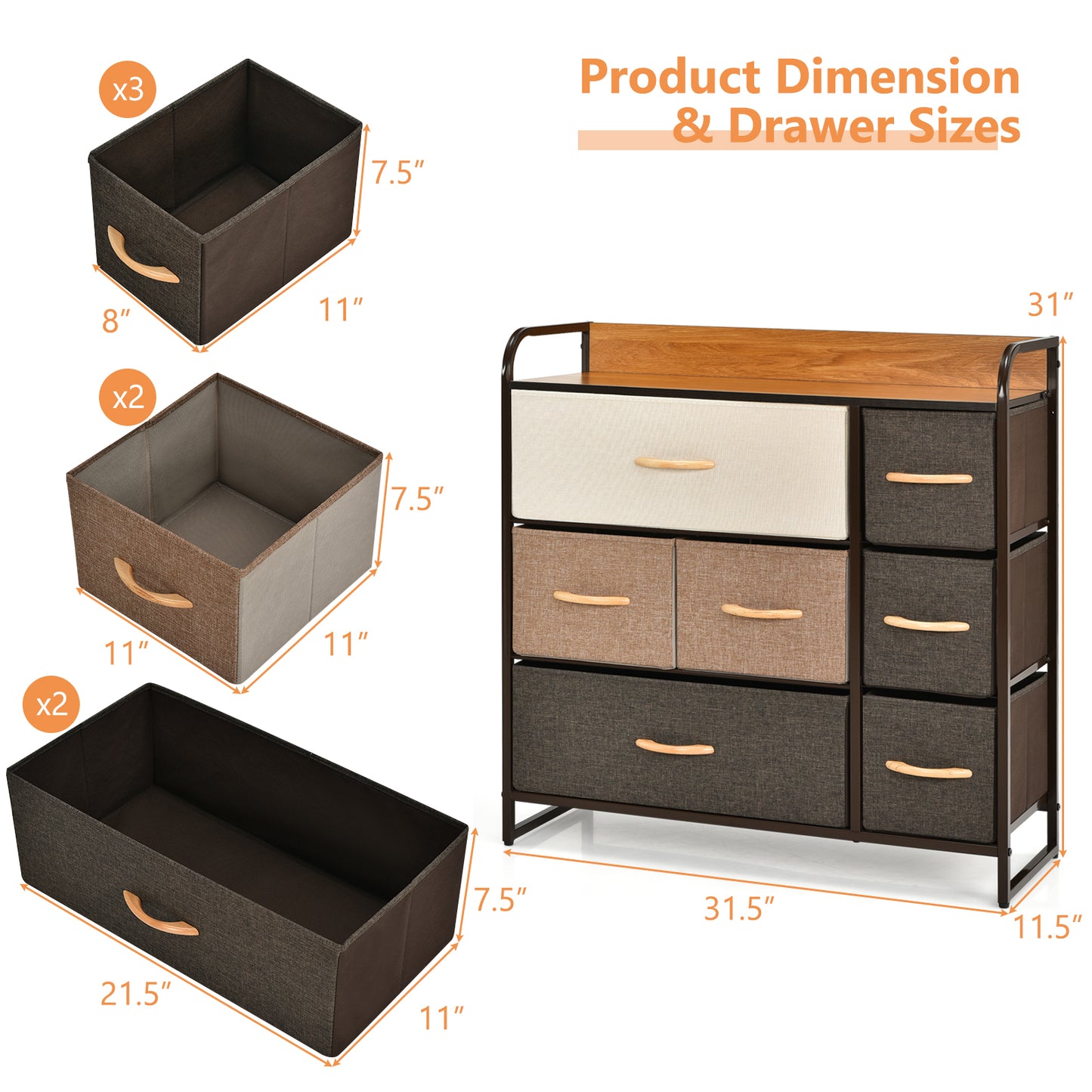 7 Drawer Tower Steel Frame and Wooden Top Dresser Storage Chest for Bedroom Kids Crystal