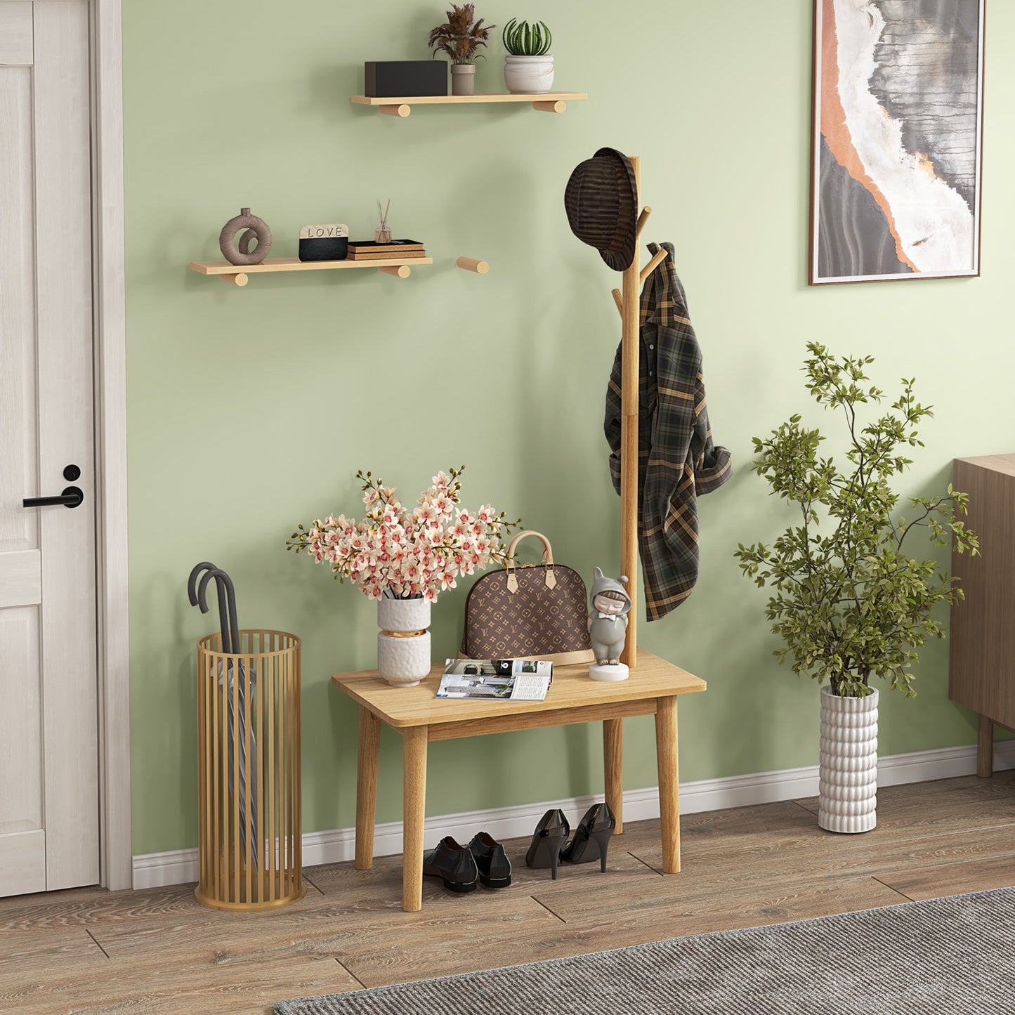 End Table with Coat Rack Solid Wood Coat Tree with 2-in-1 Side Table-Natural Kids Crystal