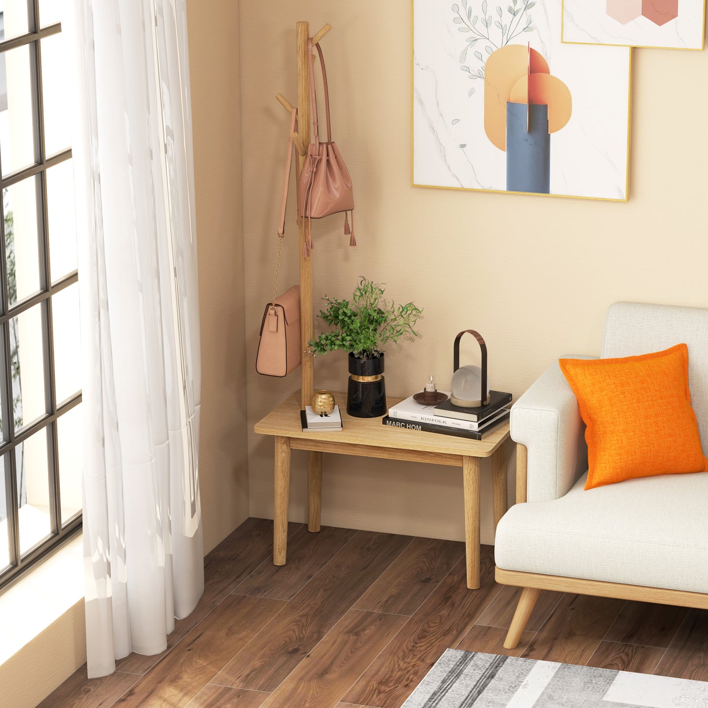 End Table with Coat Rack Solid Wood Coat Tree with 2-in-1 Side Table-Natural Kids Crystal