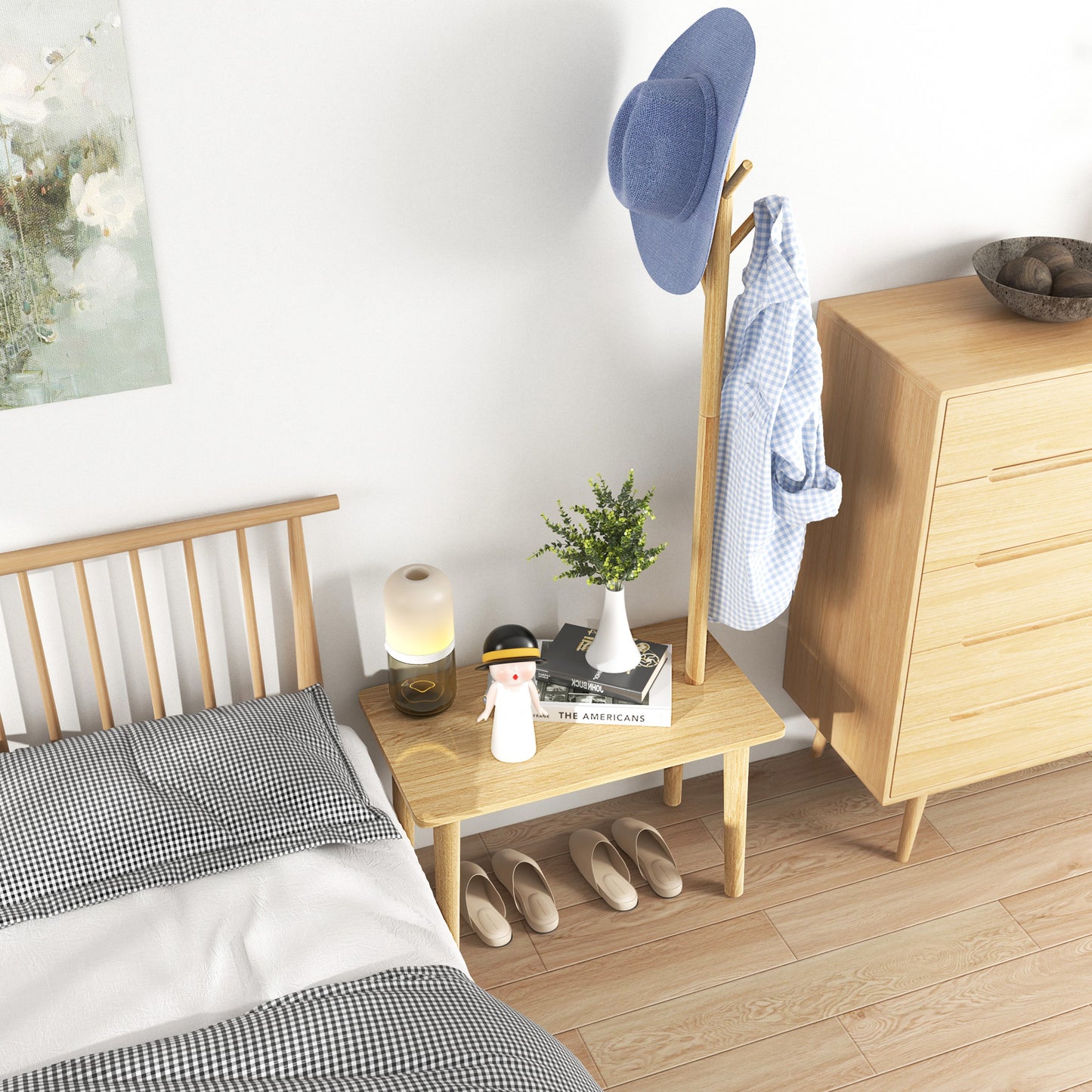 End Table with Coat Rack Solid Wood Coat Tree with 2-in-1 Side Table-Natural Kids Crystal