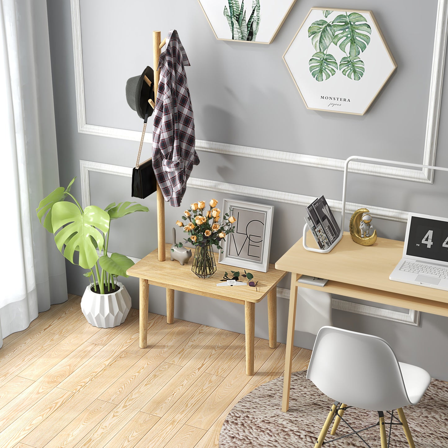 End Table with Coat Rack Solid Wood Coat Tree with 2-in-1 Side Table-Natural Kids Crystal