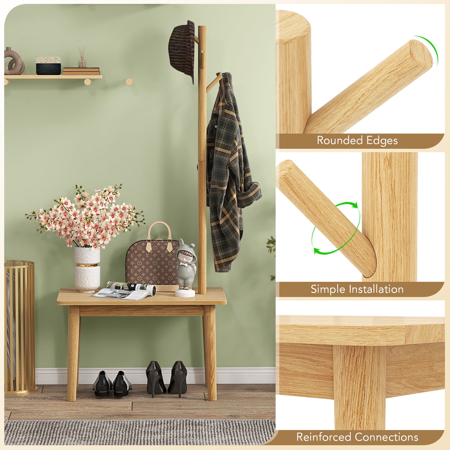 End Table with Coat Rack Solid Wood Coat Tree with 2-in-1 Side Table-Natural Kids Crystal