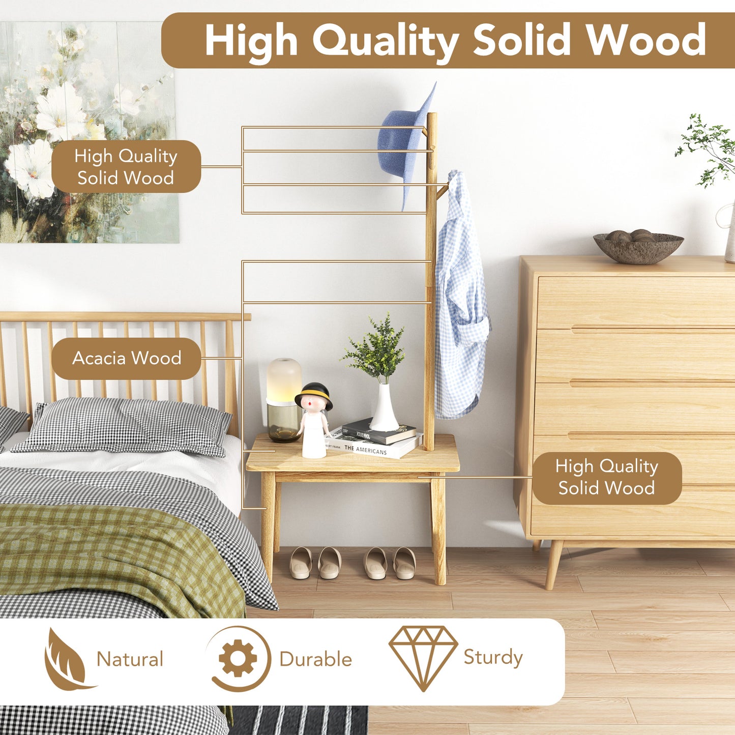 End Table with Coat Rack Solid Wood Coat Tree with 2-in-1 Side Table-Natural Kids Crystal