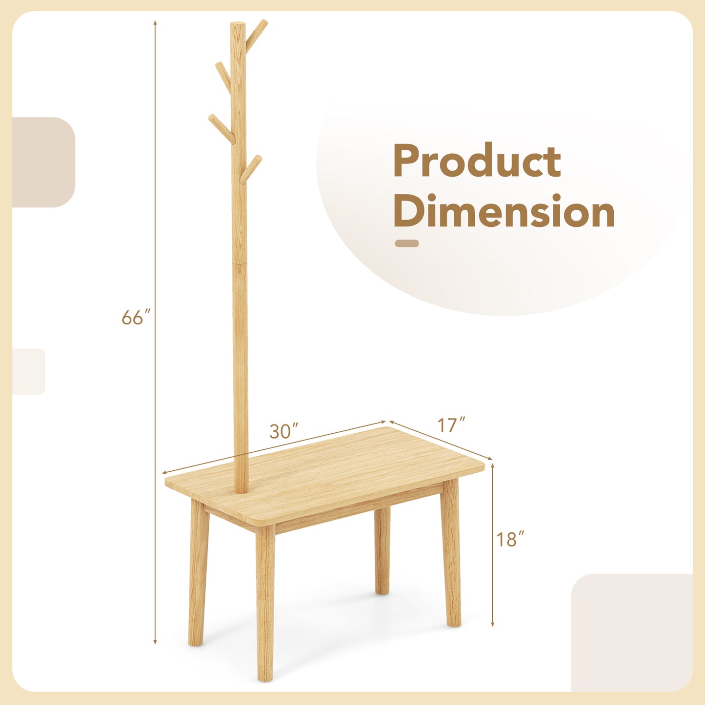 End Table with Coat Rack Solid Wood Coat Tree with 2-in-1 Side Table-Natural Kids Crystal