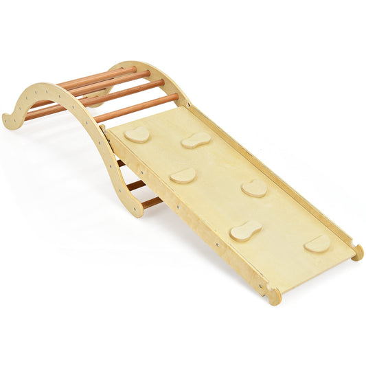 3-in-1 Kids Climber Set Wooden Arch Triangle Rocker with Ramp and Mat-Natural Kids Crystal