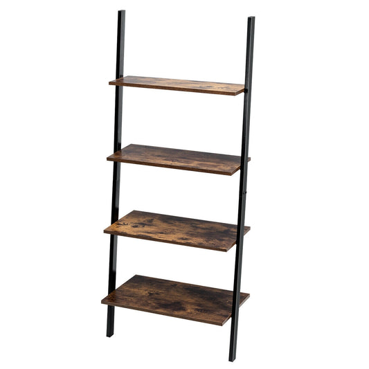 Multipurpose 4-Tier Industrial Leaning Wall Bookcase with Metal Frame-Brown Kids Crystal