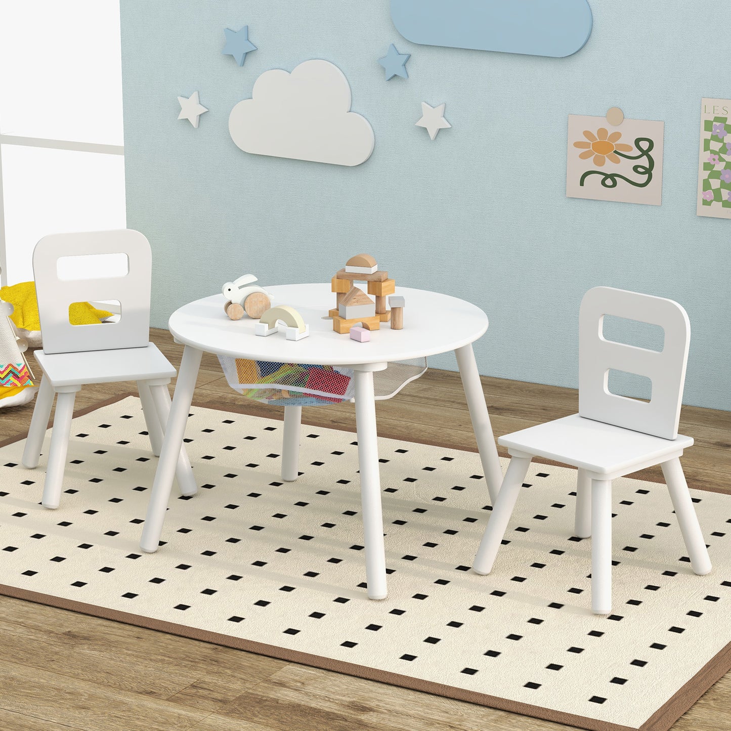 Wood Activity Kids Table and Chair Set with Center Mesh Storage-White Kids Crystal