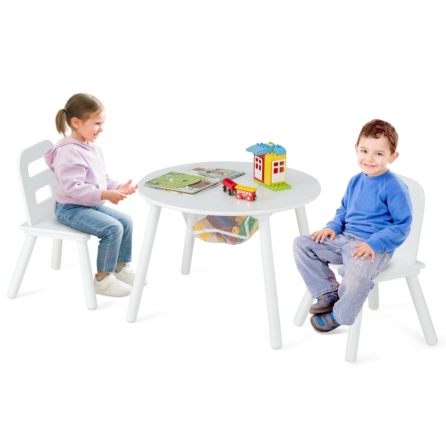 Wood Activity Kids Table and Chair Set with Center Mesh Storage-White Kids Crystal