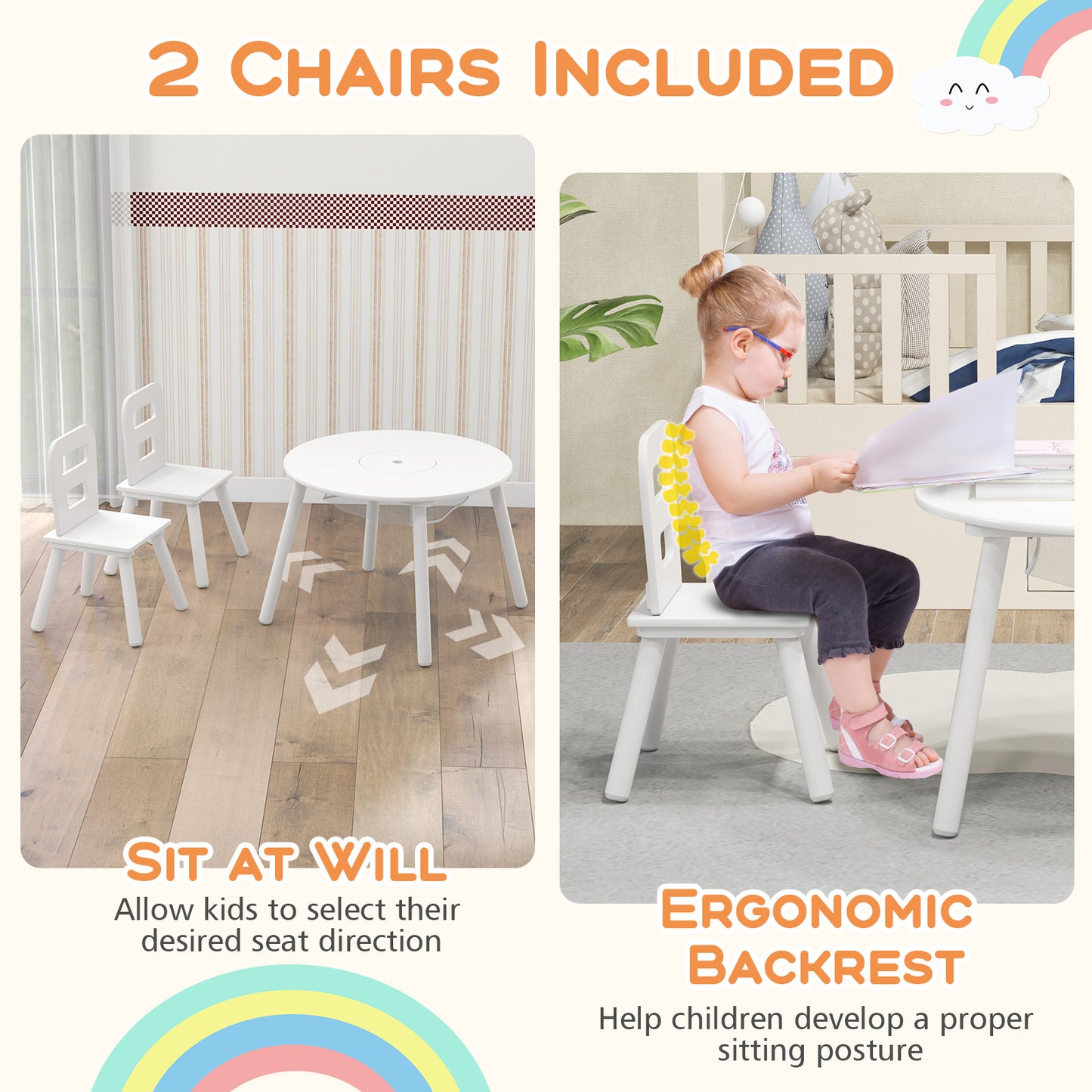Wood Activity Kids Table and Chair Set with Center Mesh Storage-White Kids Crystal