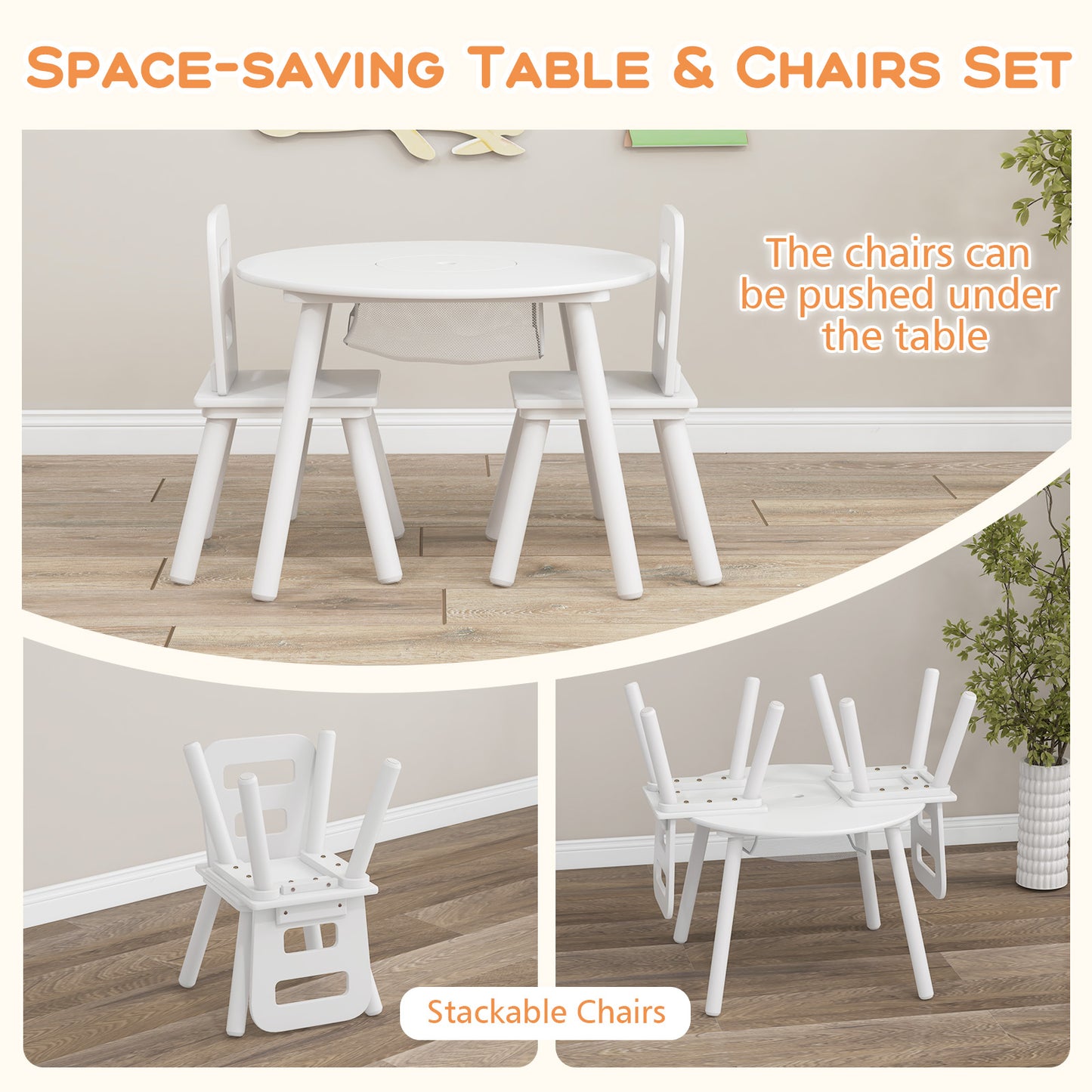 Wood Activity Kids Table and Chair Set with Center Mesh Storage-White Kids Crystal