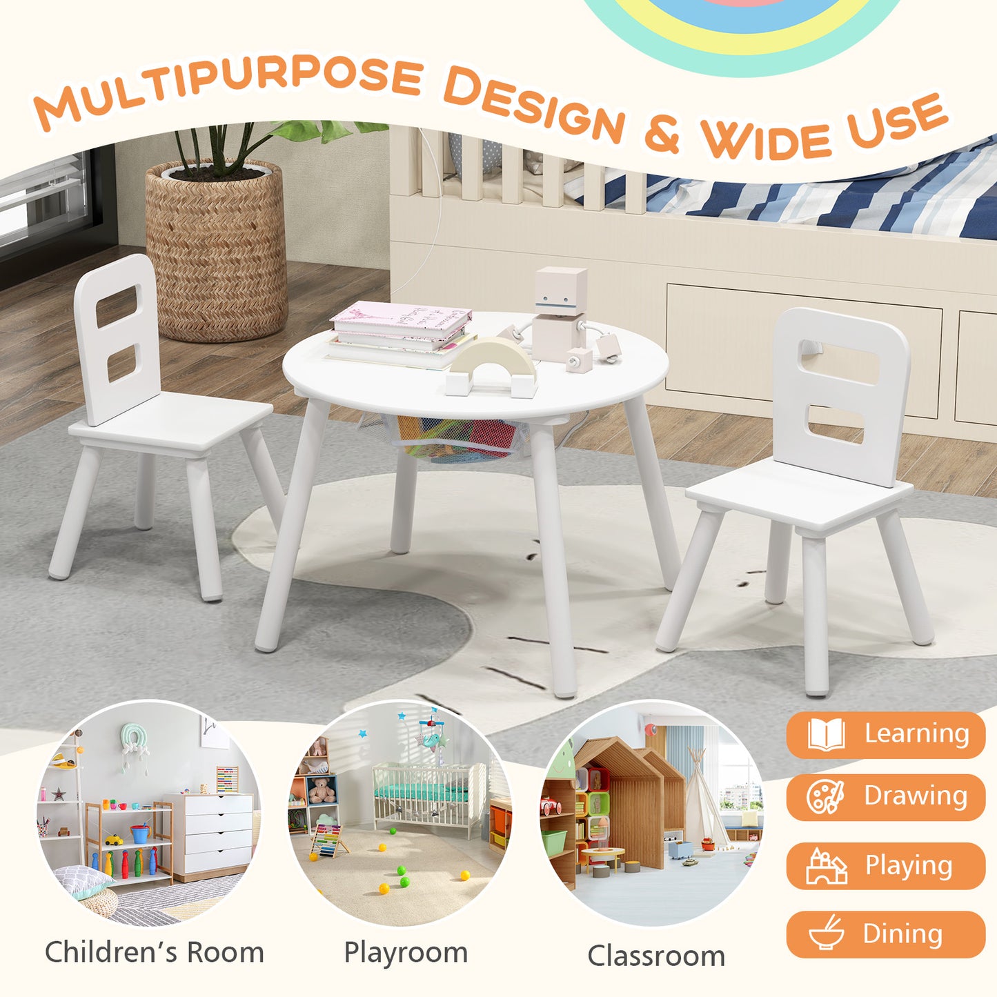 Wood Activity Kids Table and Chair Set with Center Mesh Storage-White Kids Crystal