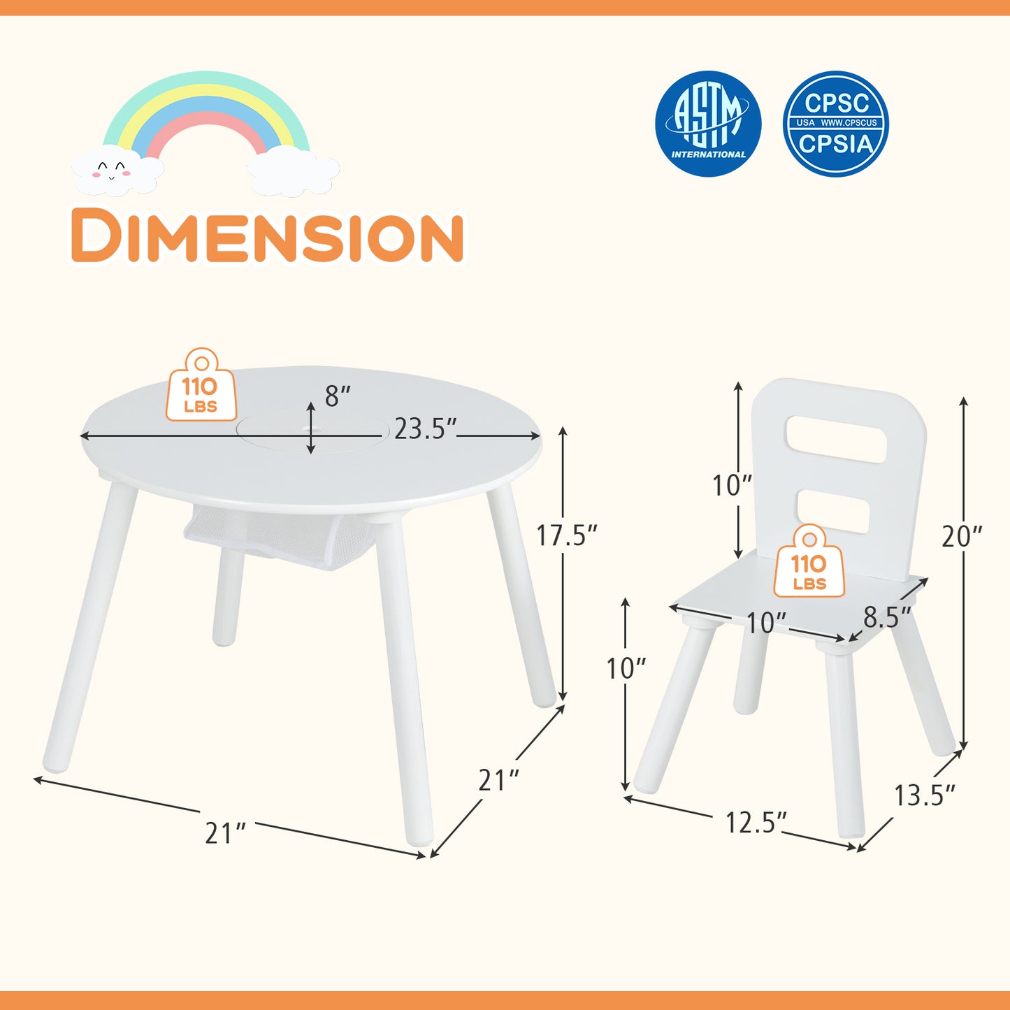Wood Activity Kids Table and Chair Set with Center Mesh Storage-White Kids Crystal