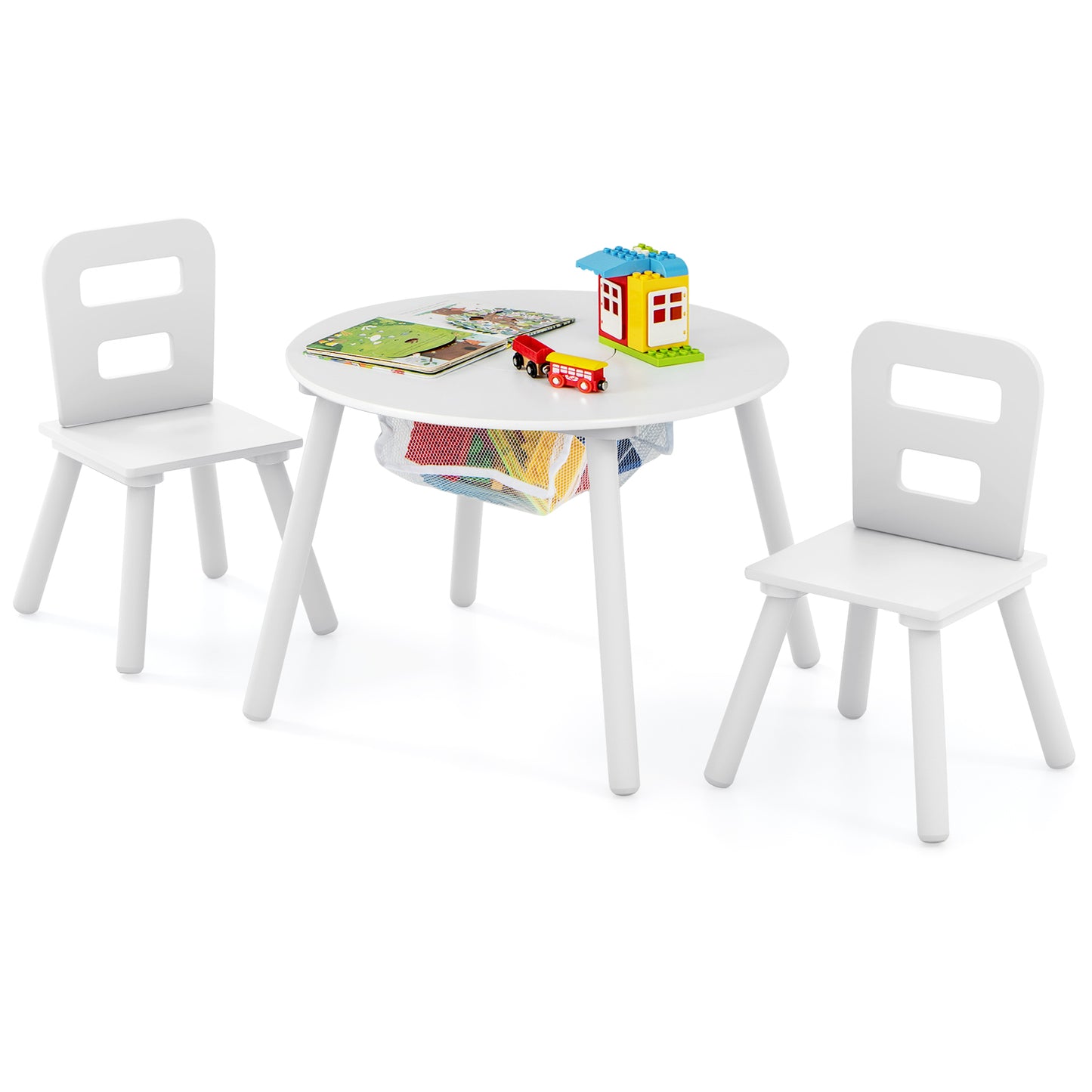 Wood Activity Kids Table and Chair Set with Center Mesh Storage-White Kids Crystal