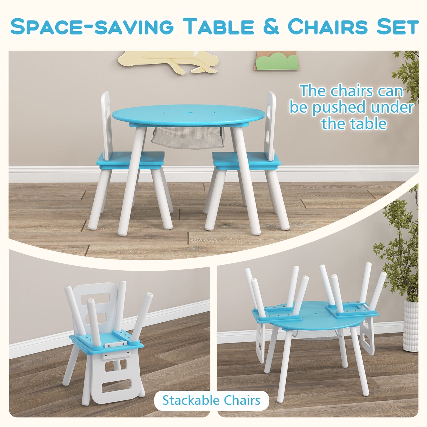 Wood Activity Kids Table and Chair Set with Center Mesh Storage-Blue Kids Crystal