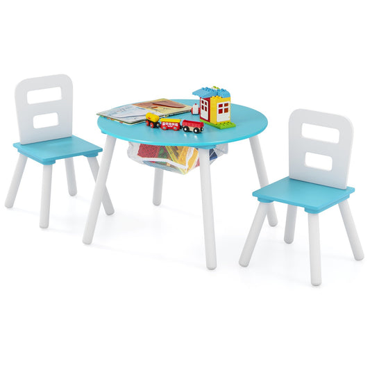 Wood Activity Kids Table and Chair Set with Center Mesh Storage-Blue Kids Crystal