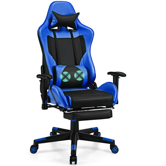 PU Leather Gaming Chair with USB Massage Lumbar Pillow and Footrest-Blue Kids Crystal
