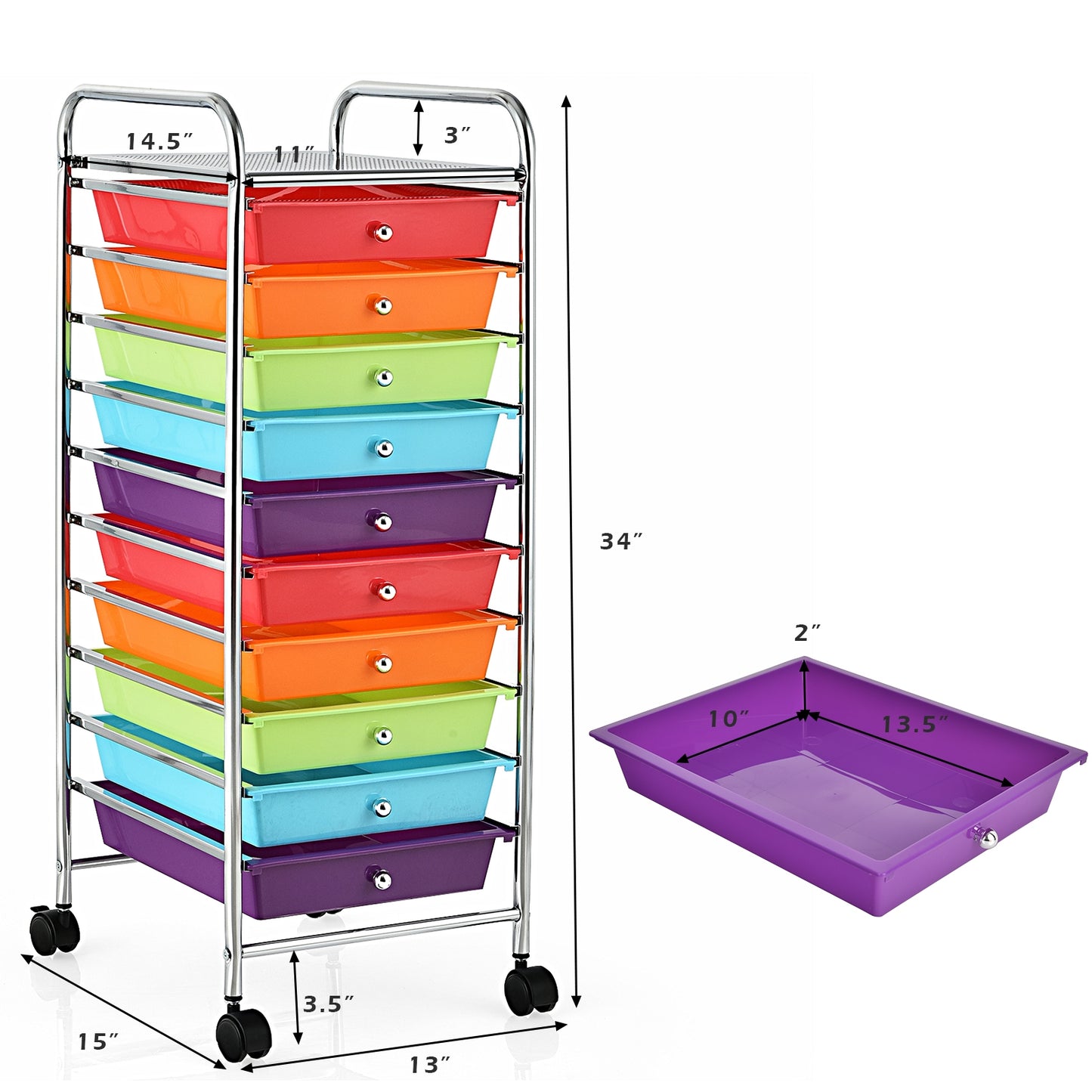 10 Drawer Rolling Storage Cart Organizer with 4 Universal Casters-Multicolor Kids Crystal