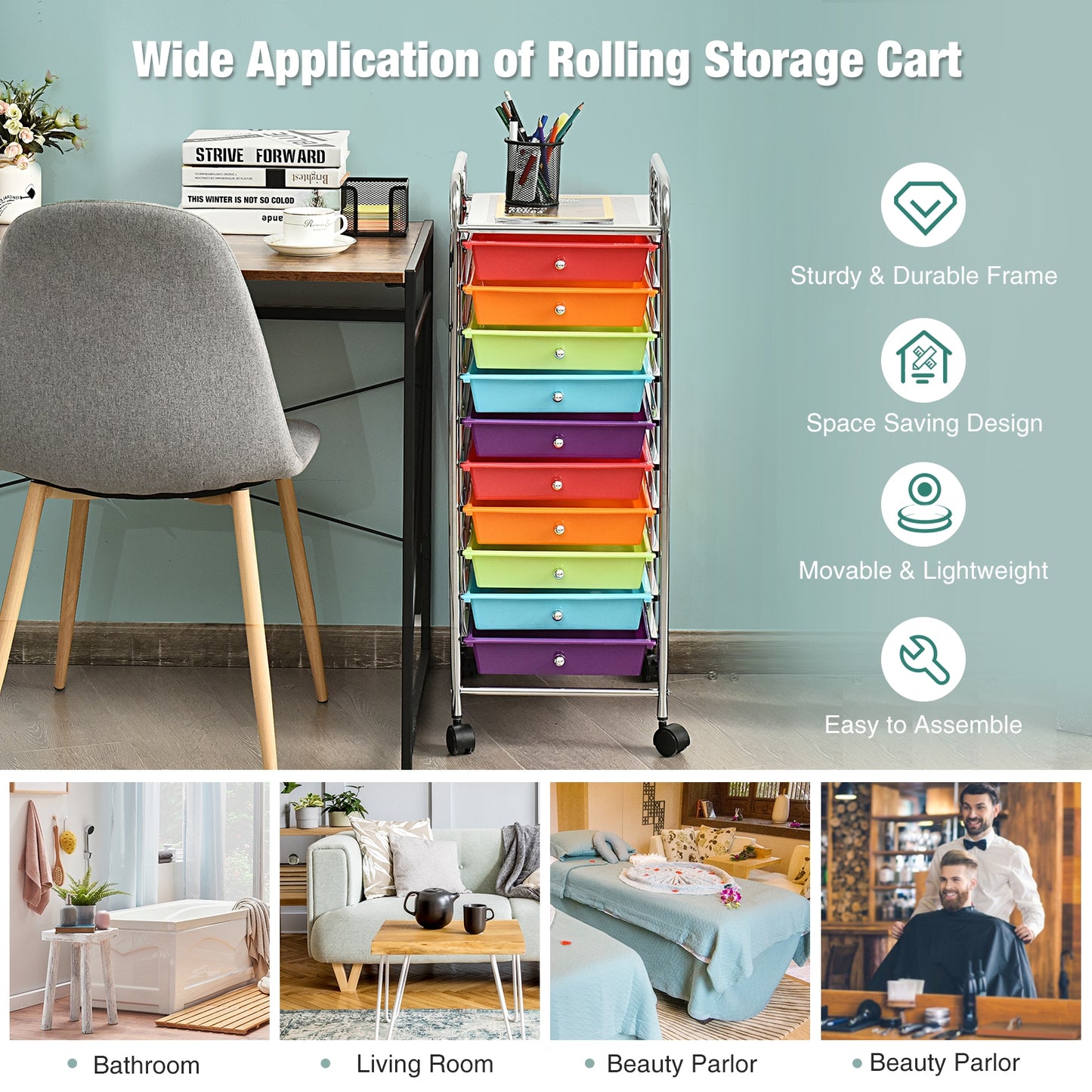 10 Drawer Rolling Storage Cart Organizer with 4 Universal Casters-Multicolor Kids Crystal