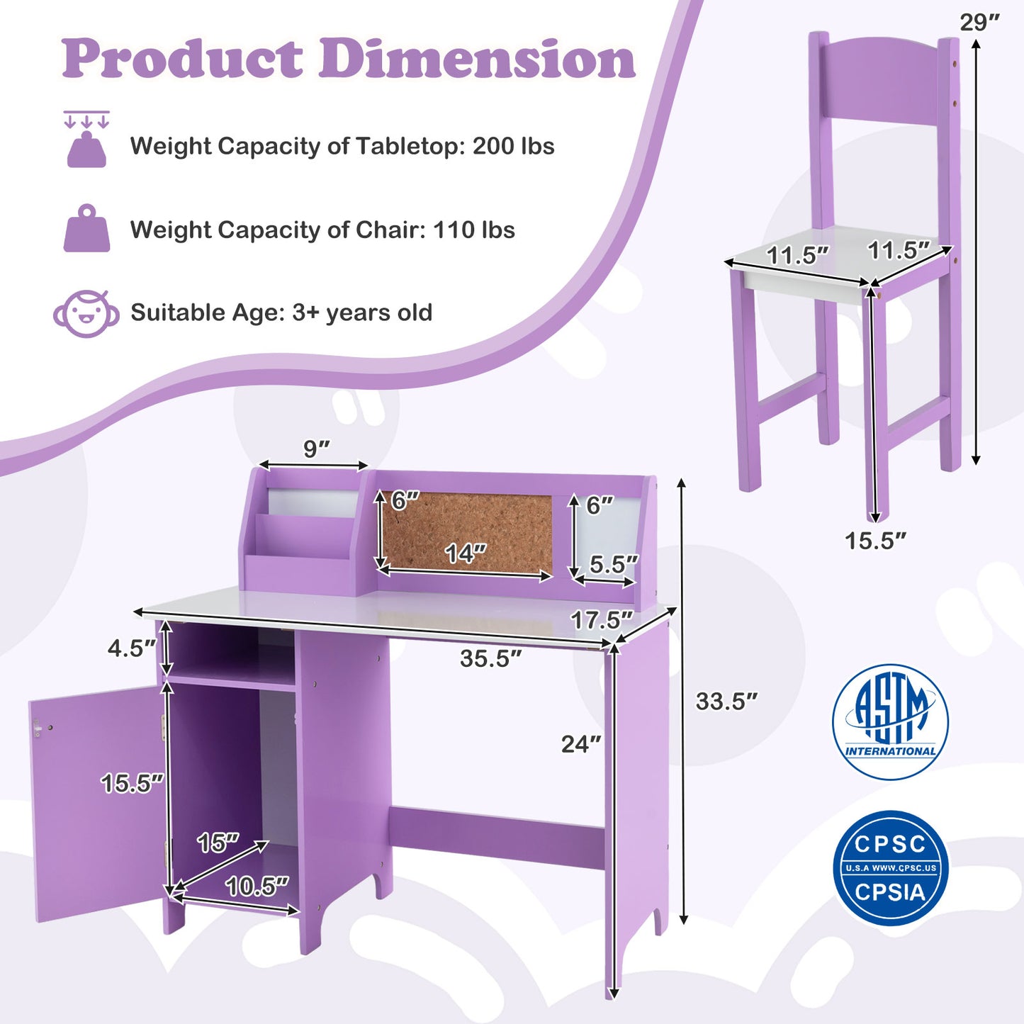 Kids Table and Chair Set for Arts Crafts Homework Home School-Purple Kids Crystal