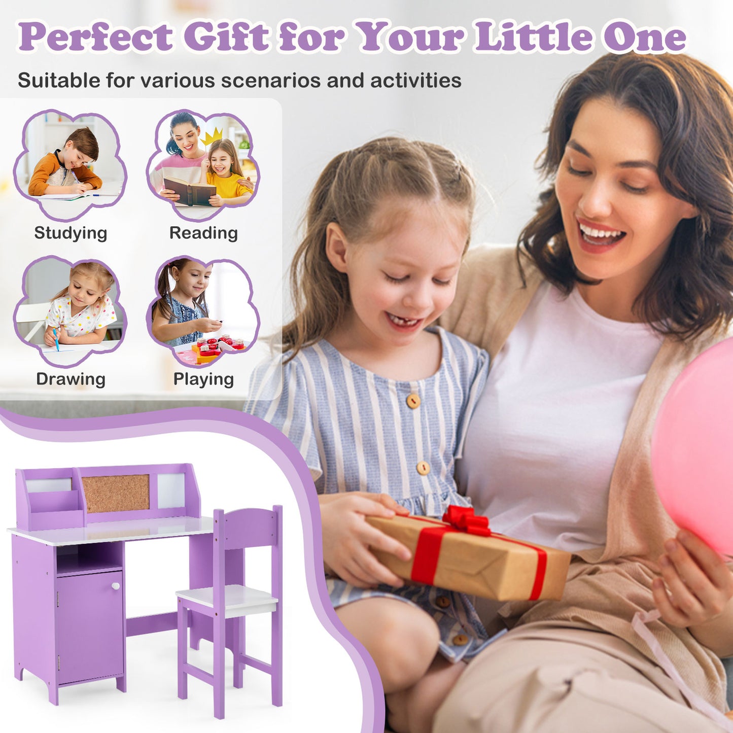 Kids Table and Chair Set for Arts Crafts Homework Home School-Purple Kids Crystal