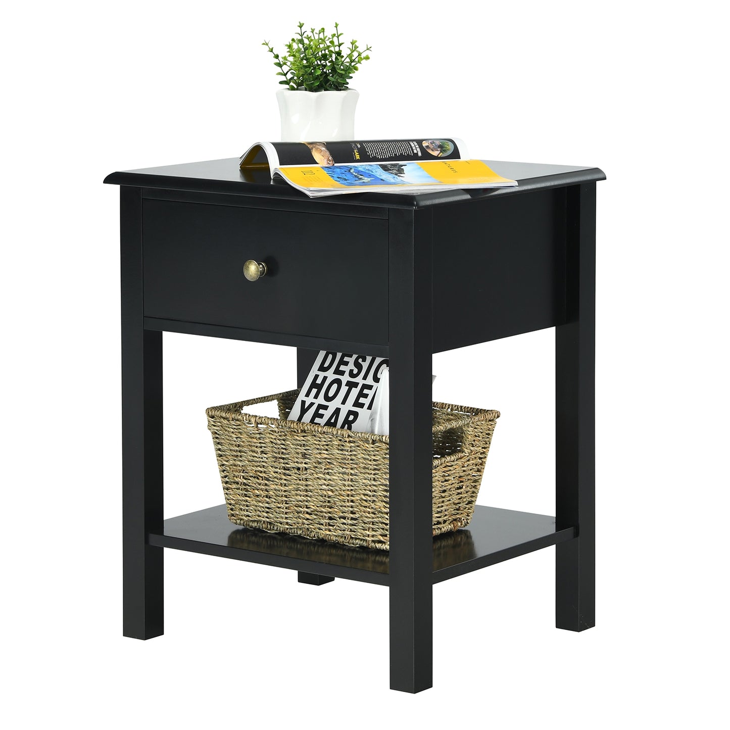 Nightstand End Table with Drawer and Shelf-Black Kids Crystal