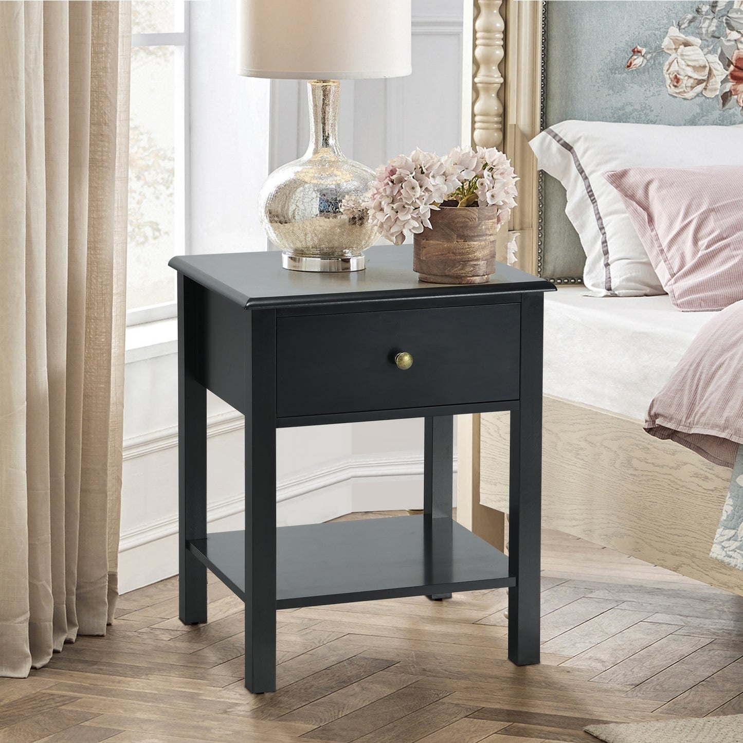 Nightstand End Table with Drawer and Shelf-Black Kids Crystal