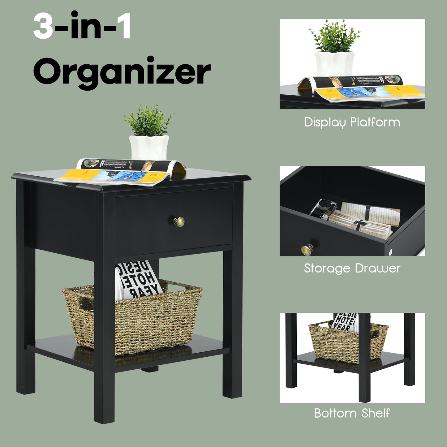 Nightstand End Table with Drawer and Shelf-Black Kids Crystal