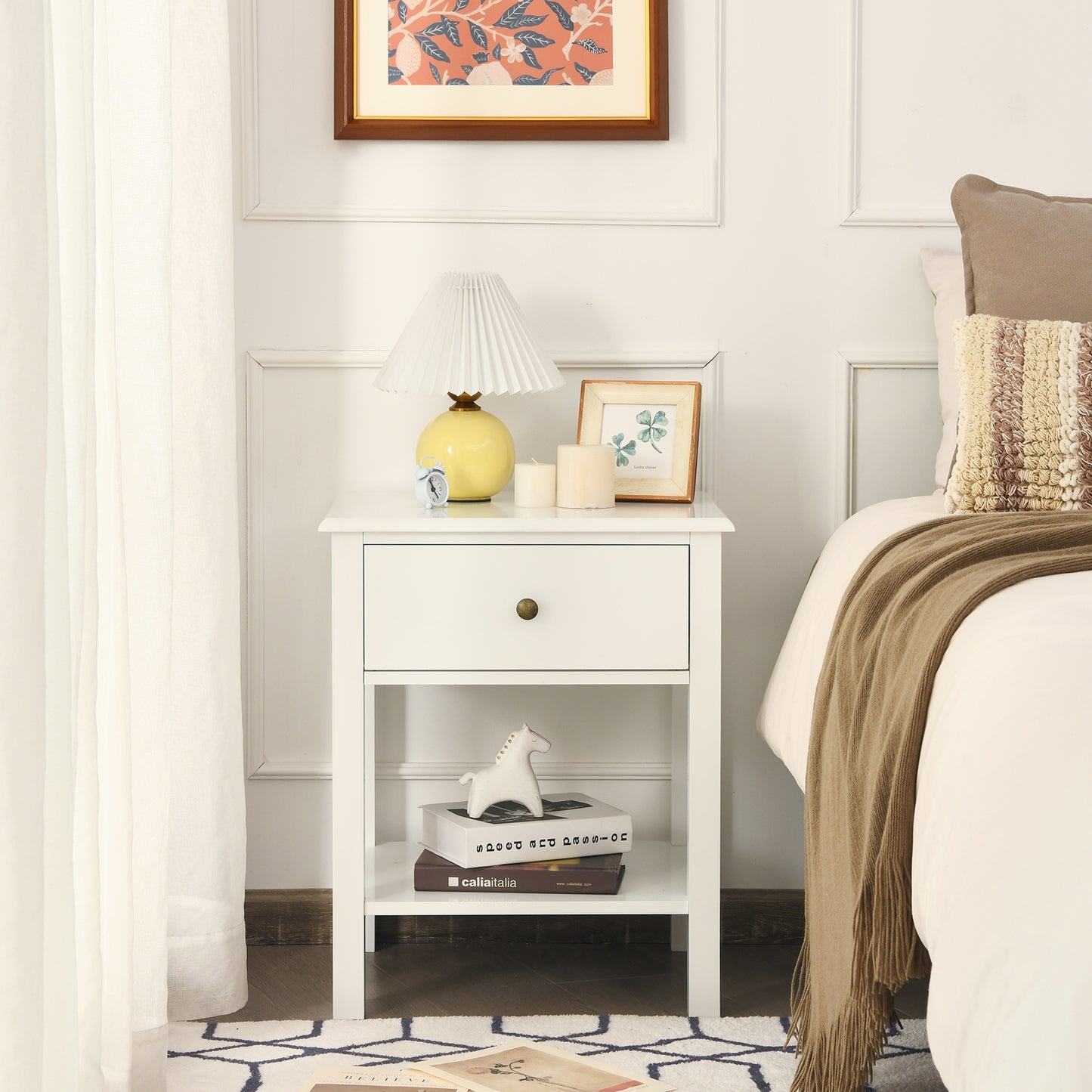 Nightstand End Table with Drawer and Shelf-White Kids Crystal