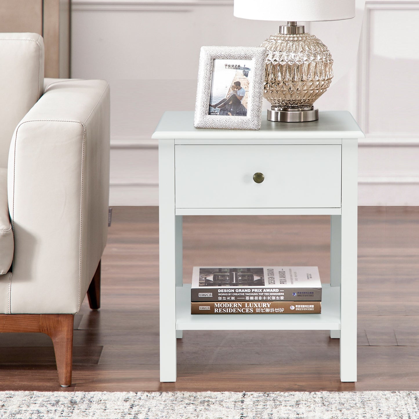 Nightstand End Table with Drawer and Shelf-White Kids Crystal