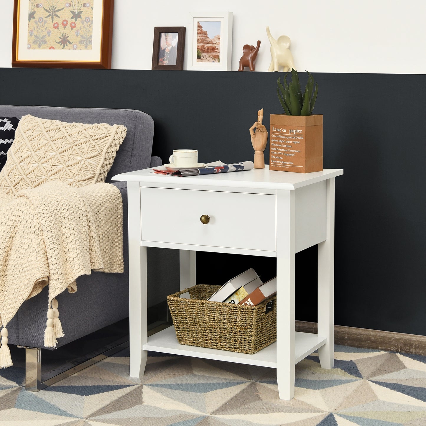 Nightstand End Table with Drawer and Shelf-White Kids Crystal