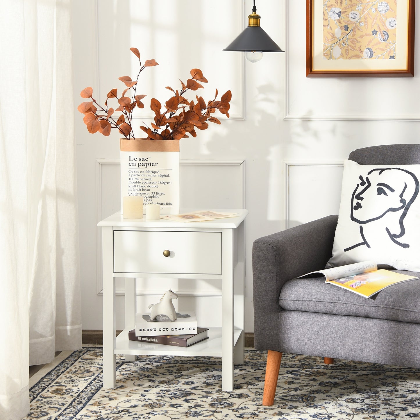 Nightstand End Table with Drawer and Shelf-White Kids Crystal