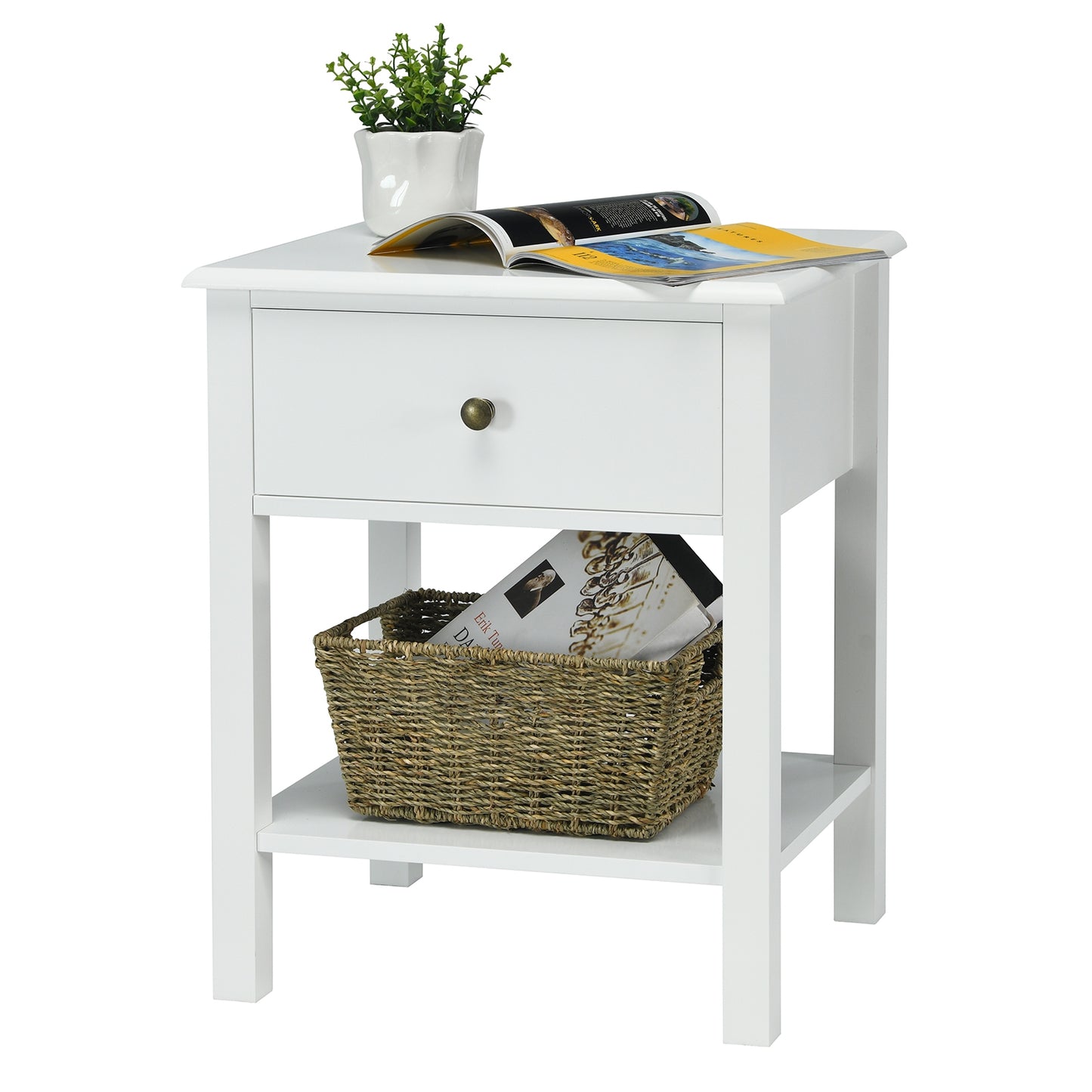 Nightstand End Table with Drawer and Shelf-White Kids Crystal