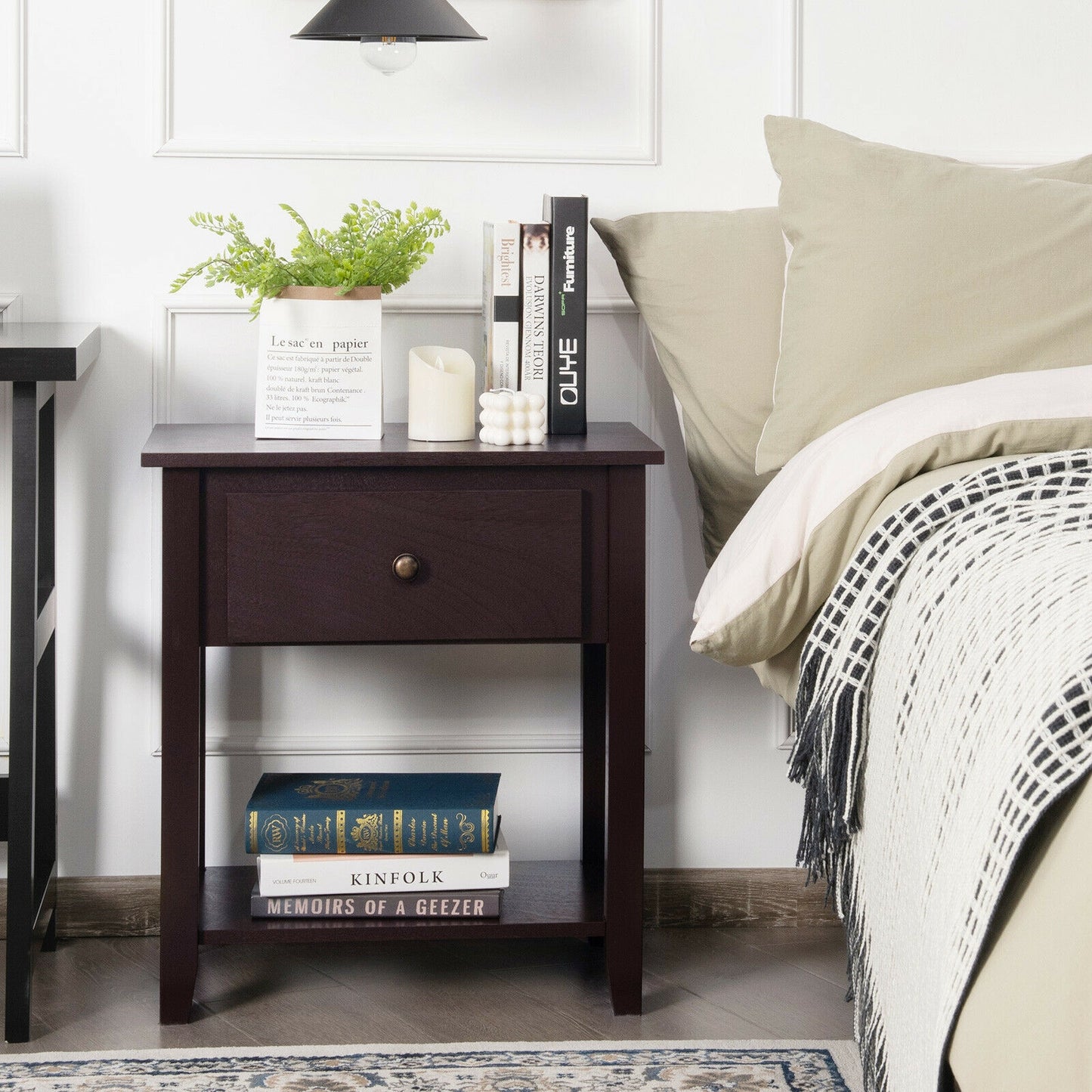 Nightstand with Drawer and Storage Shelf for Bedroom Living Room-Dark Brown Kids Crystal