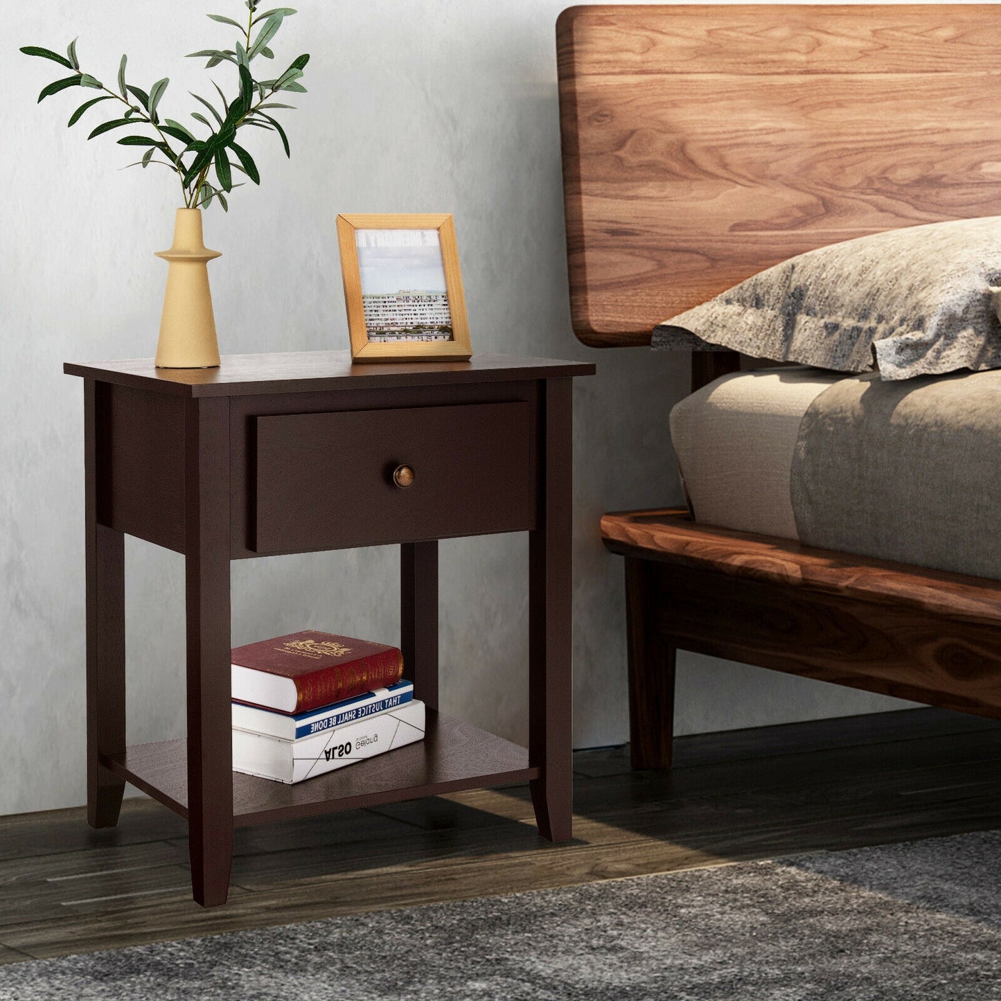 Nightstand with Drawer and Storage Shelf for Bedroom Living Room-Dark Brown Kids Crystal