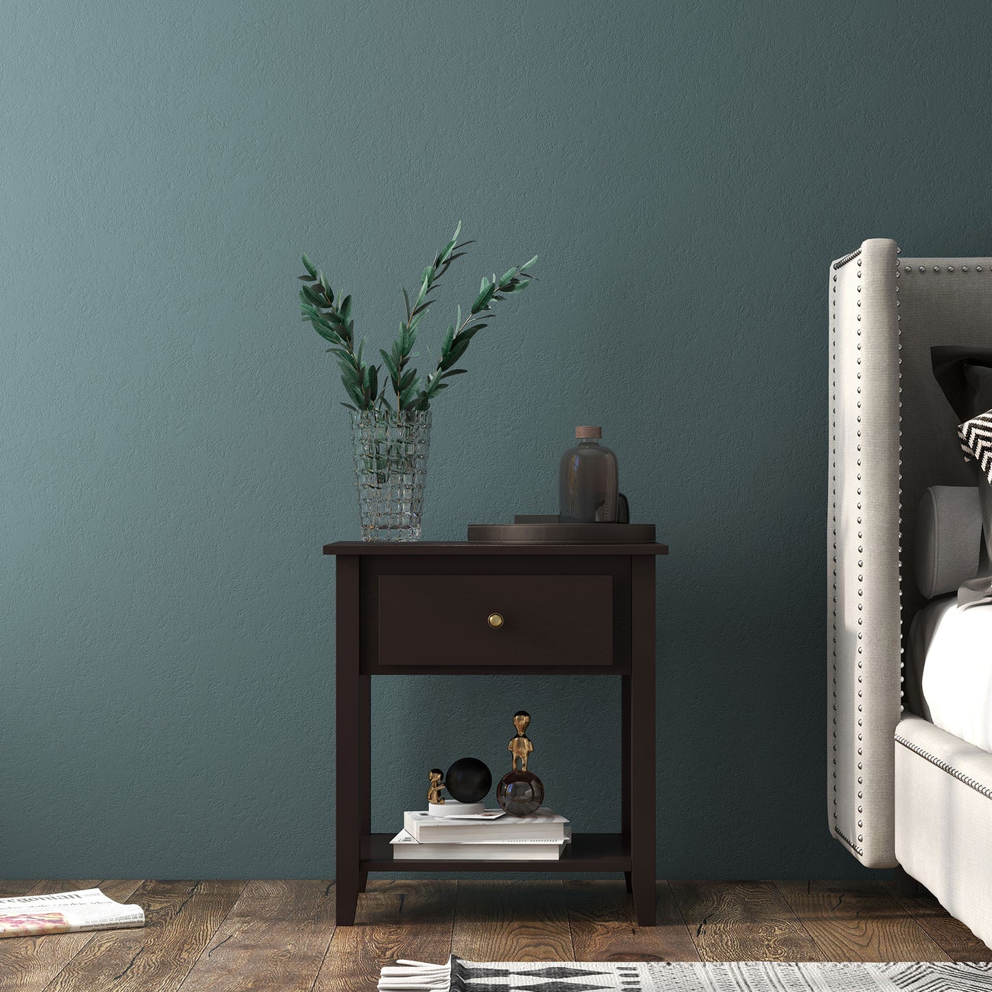 Nightstand with Drawer and Storage Shelf for Bedroom Living Room-Dark Brown Kids Crystal