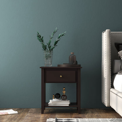 Nightstand with Drawer and Storage Shelf for Bedroom Living Room-Dark Brown