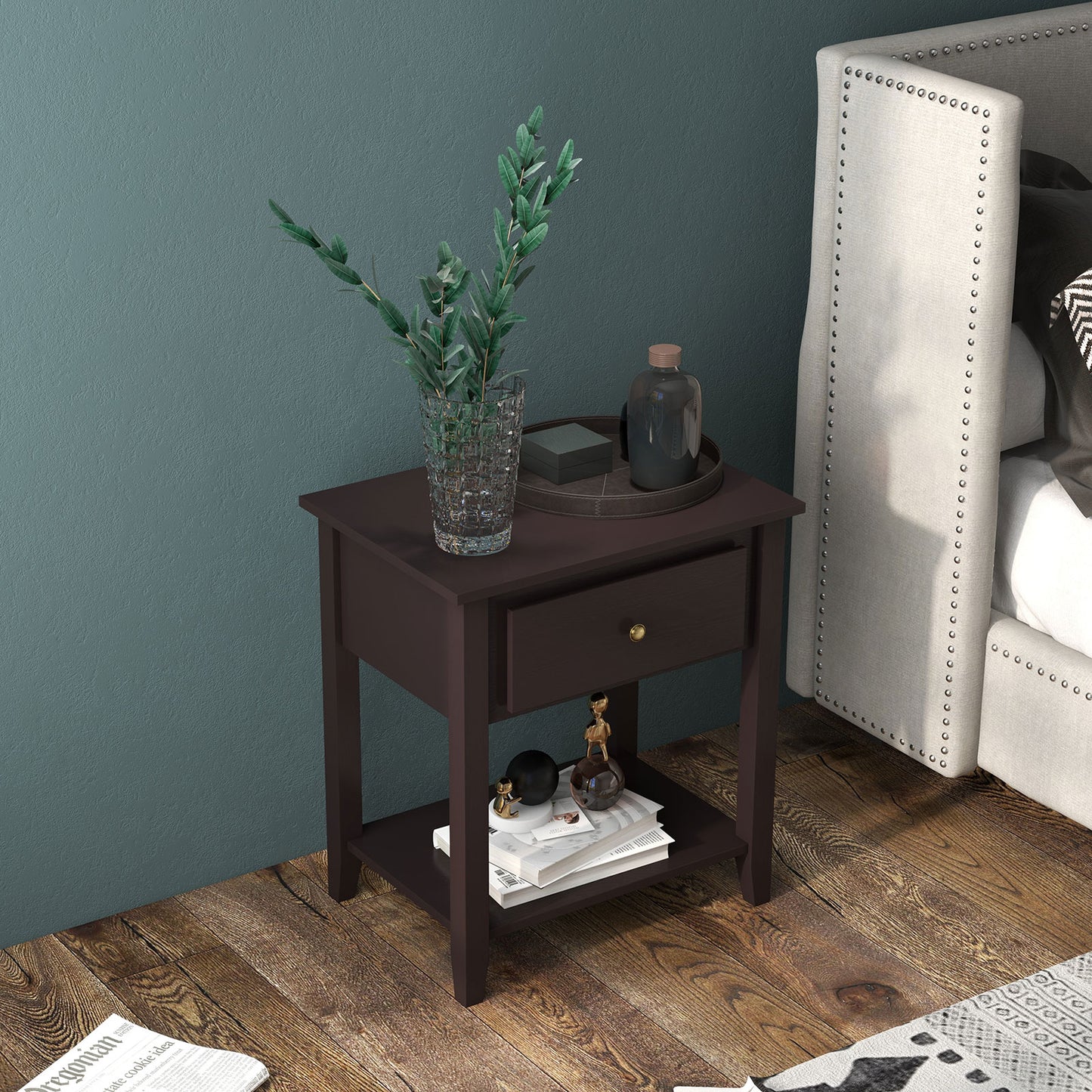 Nightstand with Drawer and Storage Shelf for Bedroom Living Room-Dark Brown Kids Crystal