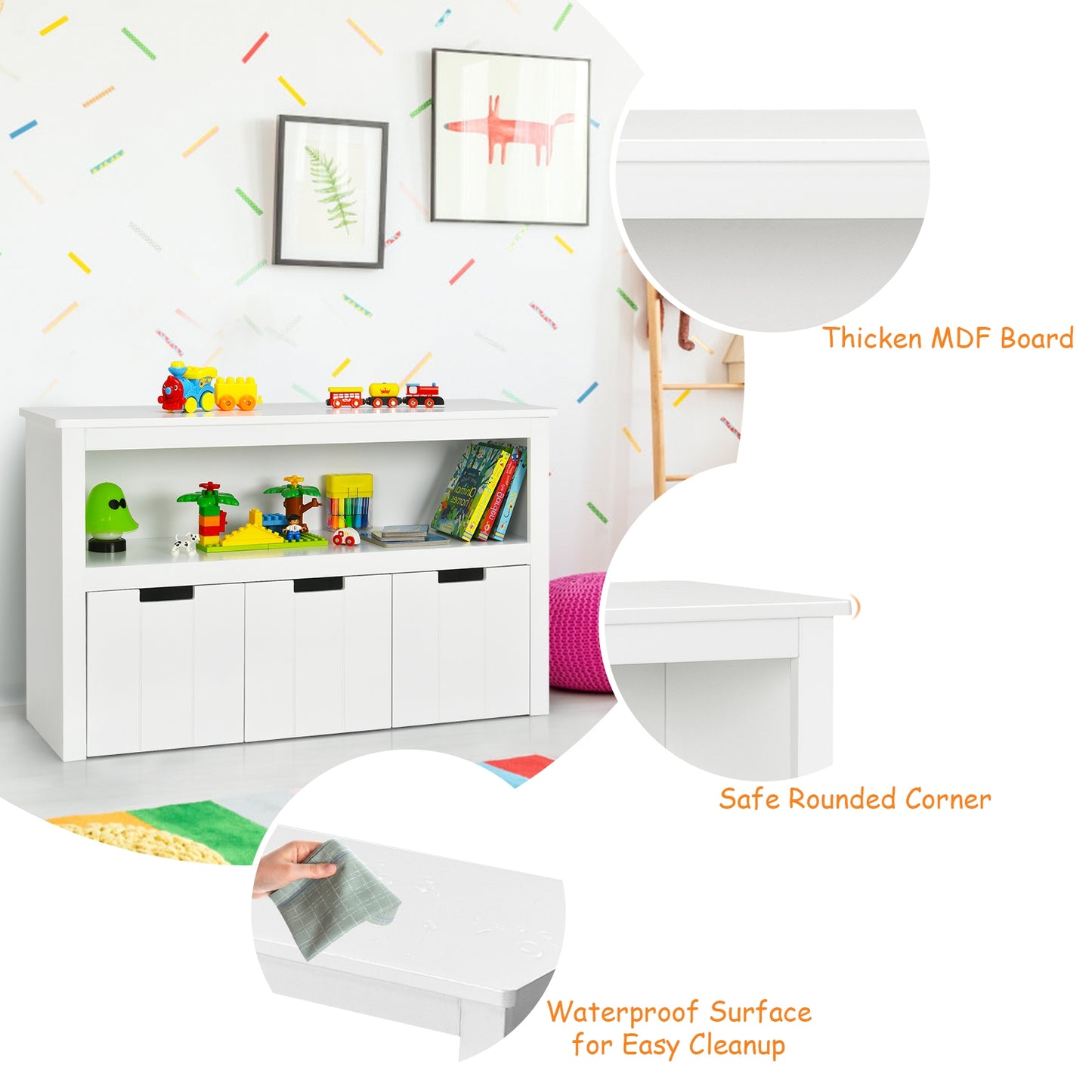 Kid Toy Storage Cabinet 3 Drawer Chest with Wheels Large Storage Cube Shelf-White\ Kids Crystal