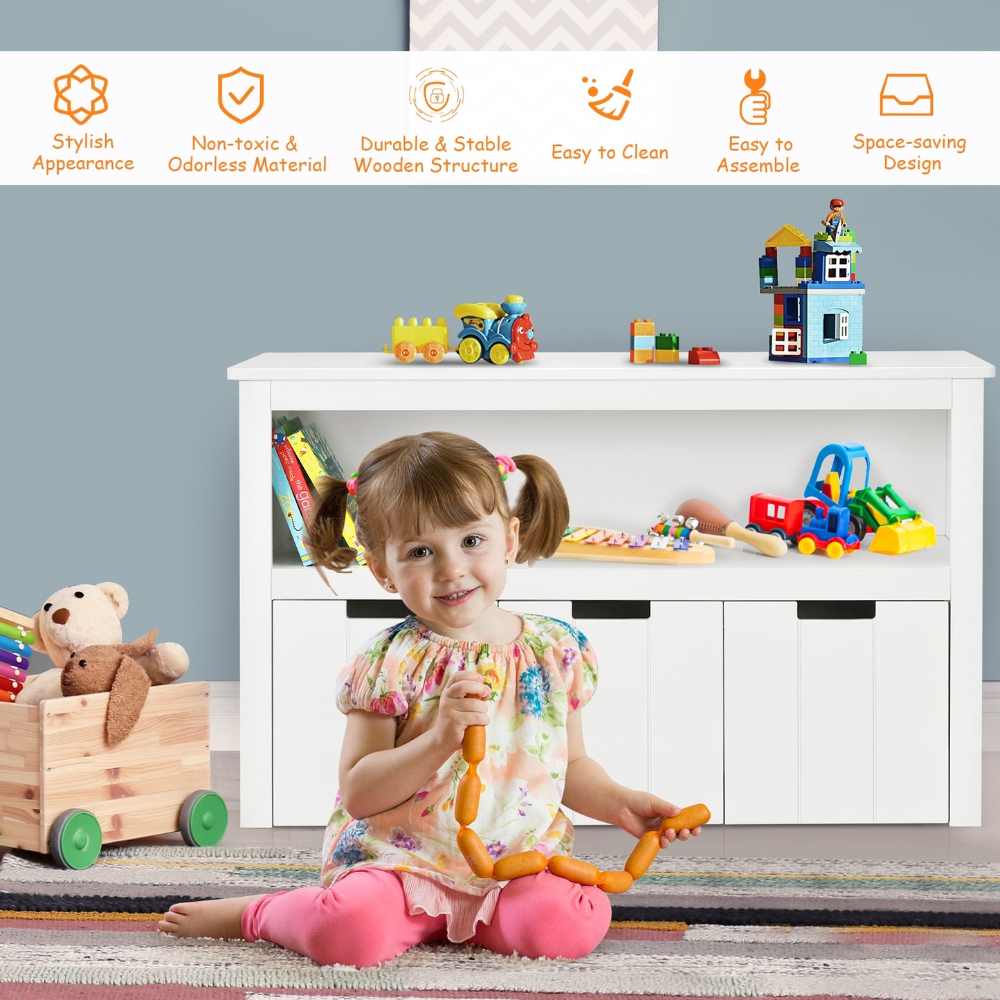 Kid Toy Storage Cabinet 3 Drawer Chest with Wheels Large Storage Cube Shelf-White\ Kids Crystal