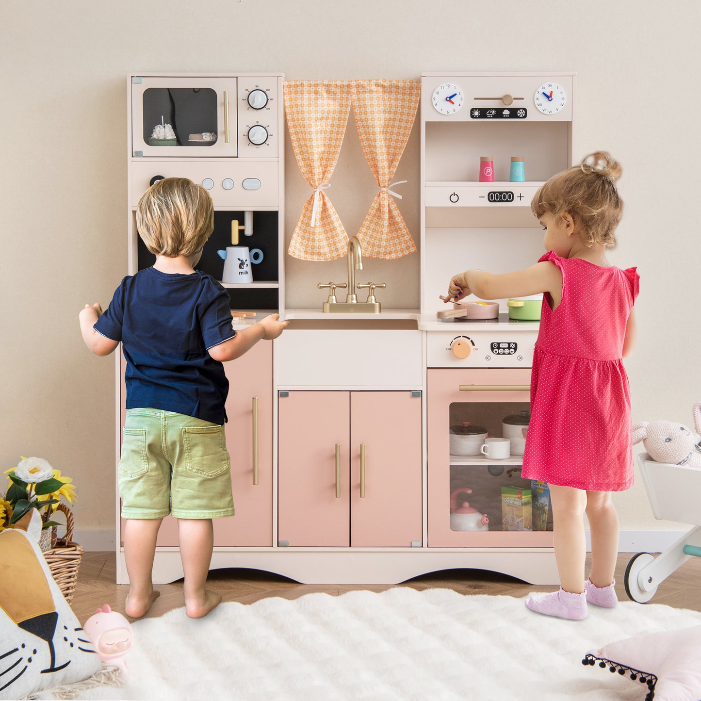 Kids Kitchen Playset with Microwave and Coffee Maker for Ages 3+-Pink Kids Crystal