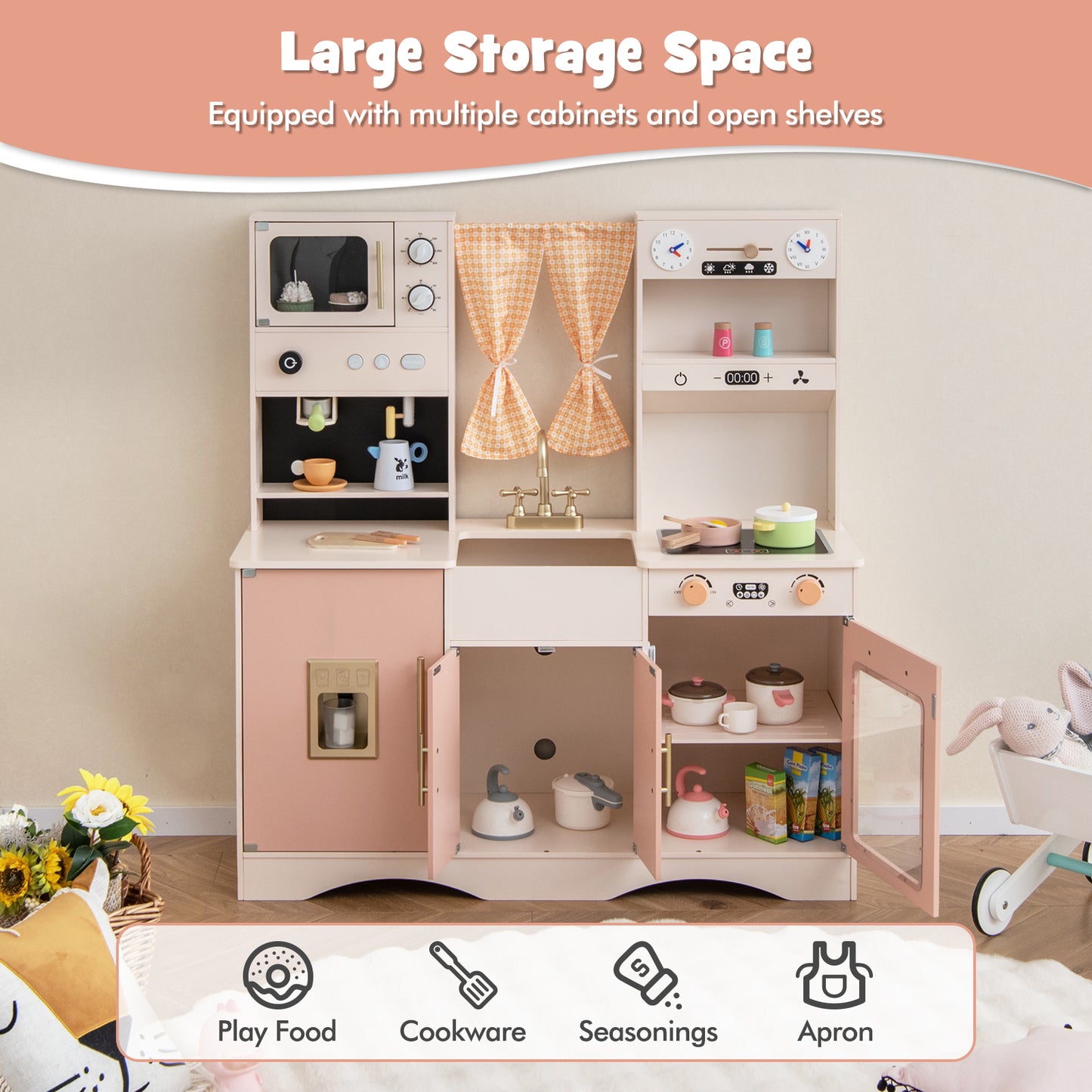 Kids Kitchen Playset with Microwave and Coffee Maker for Ages 3+-Pink Kids Crystal