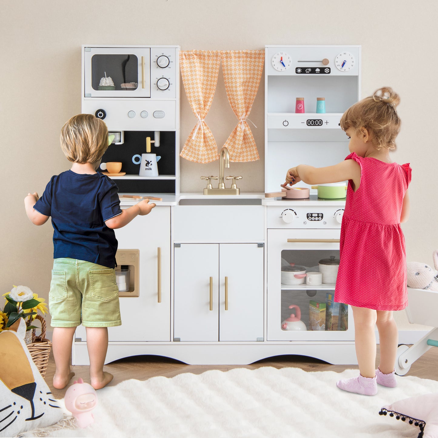 Kids Kitchen Playset with Microwave and Coffee Maker for Ages 3+-White Kids Crystal