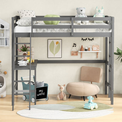 Twin Size Loft Bed Frame with Desk Angled and Built-in Ladder-Gray
