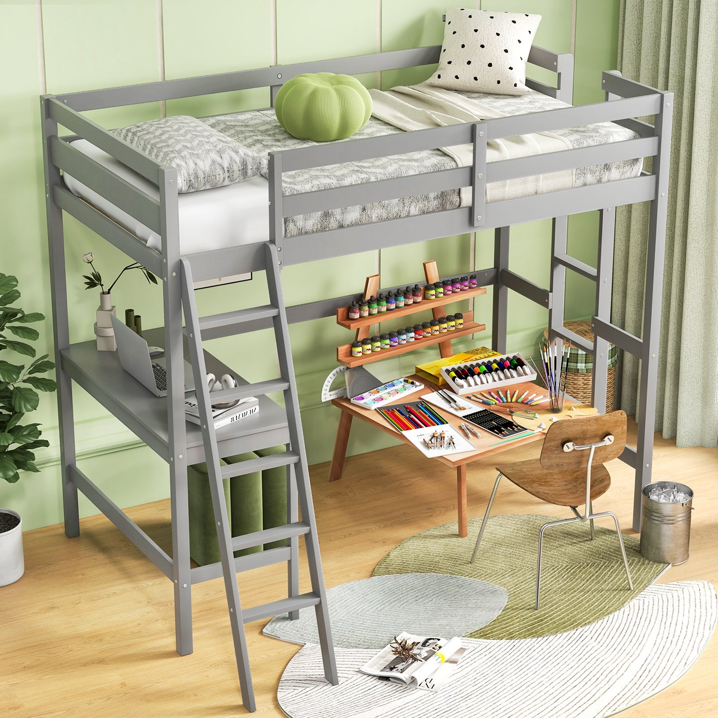 Twin Size Loft Bed Frame with Desk Angled and Built-in Ladder-Gray Kids Crystal