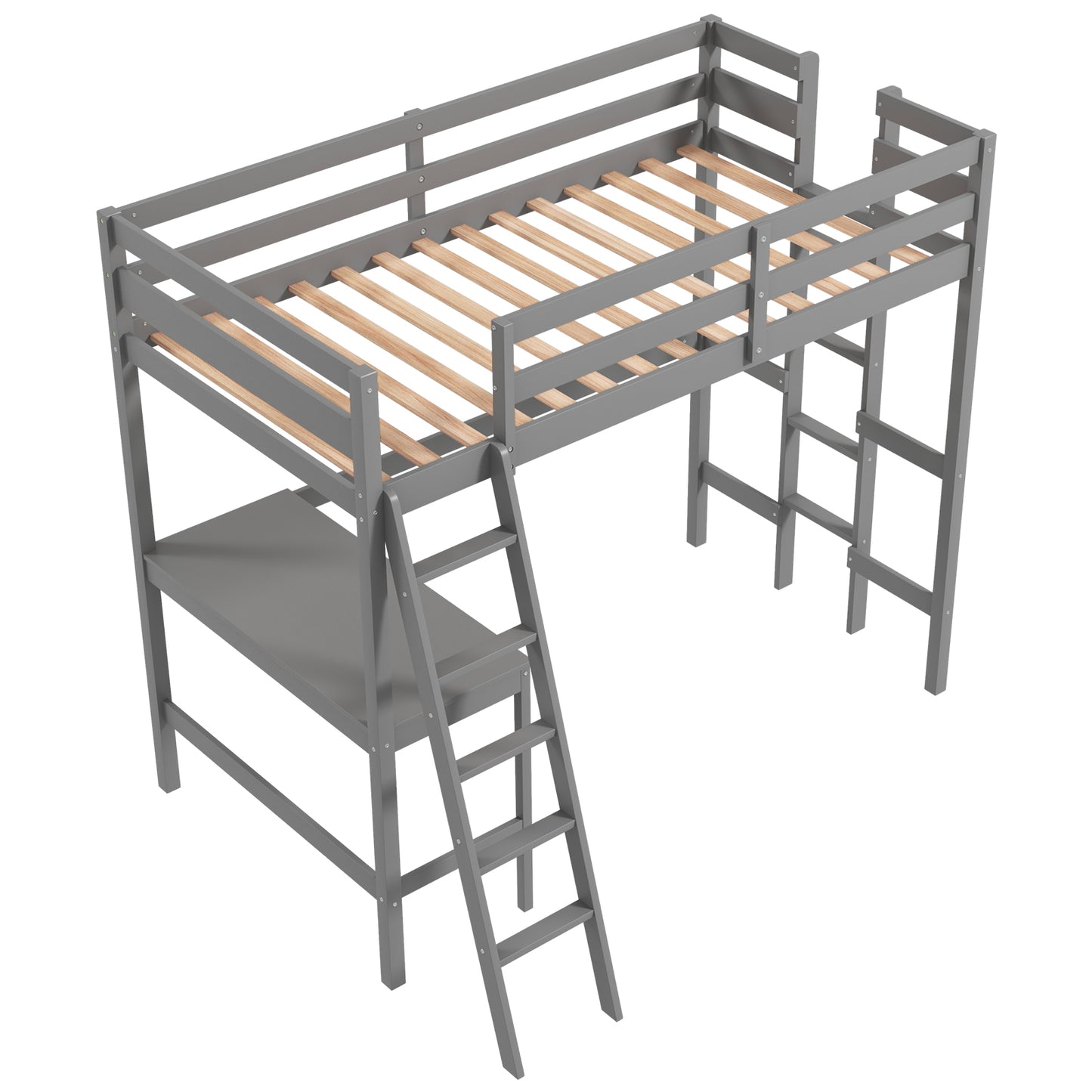 Twin Size Loft Bed Frame with Desk Angled and Built-in Ladder-Gray Kids Crystal