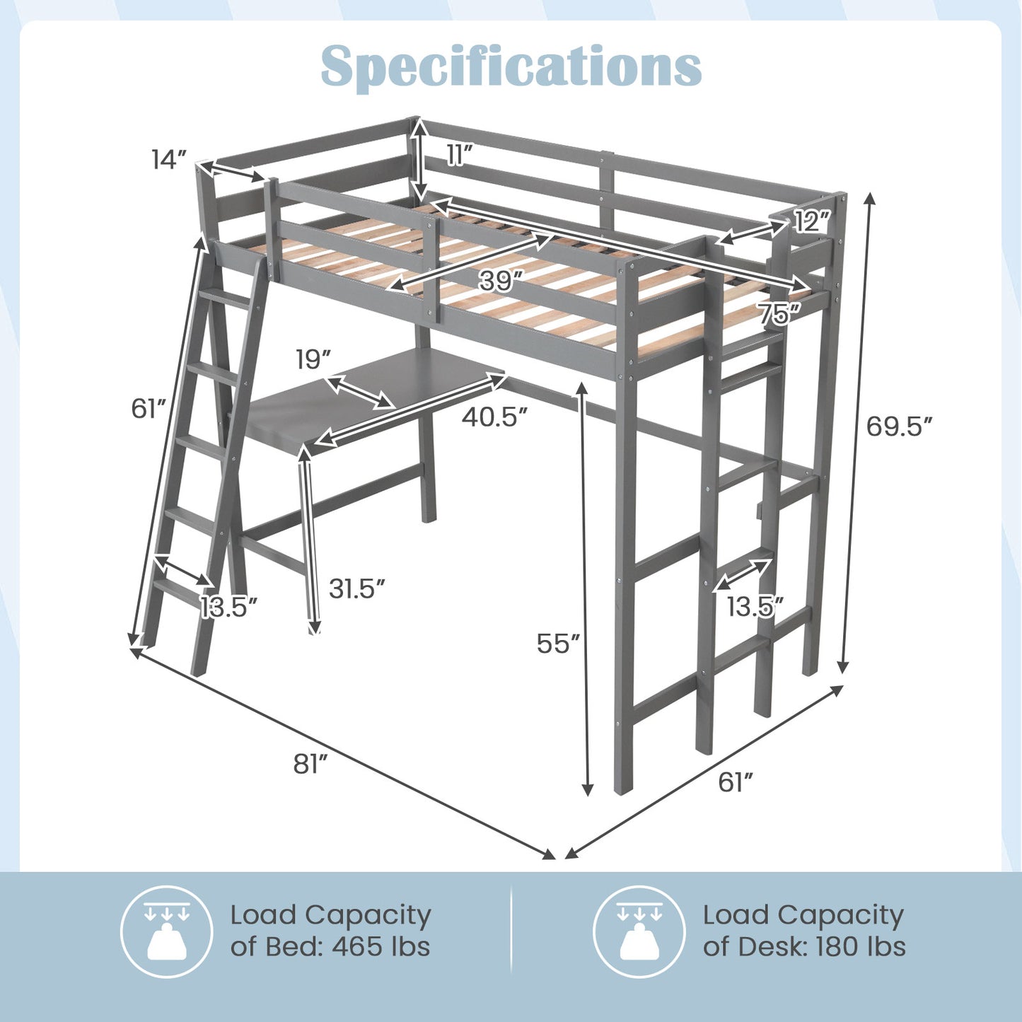 Twin Size Loft Bed Frame with Desk Angled and Built-in Ladder-Gray Kids Crystal