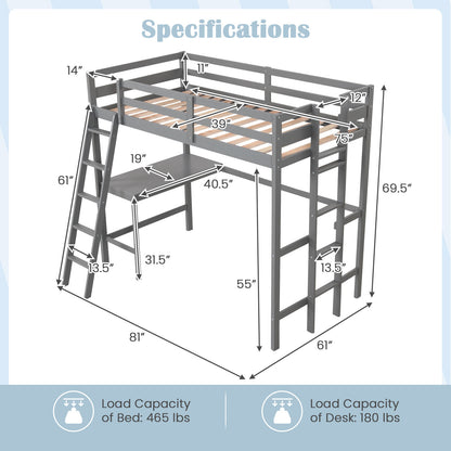 Twin Size Loft Bed Frame with Desk Angled and Built-in Ladder-Gray