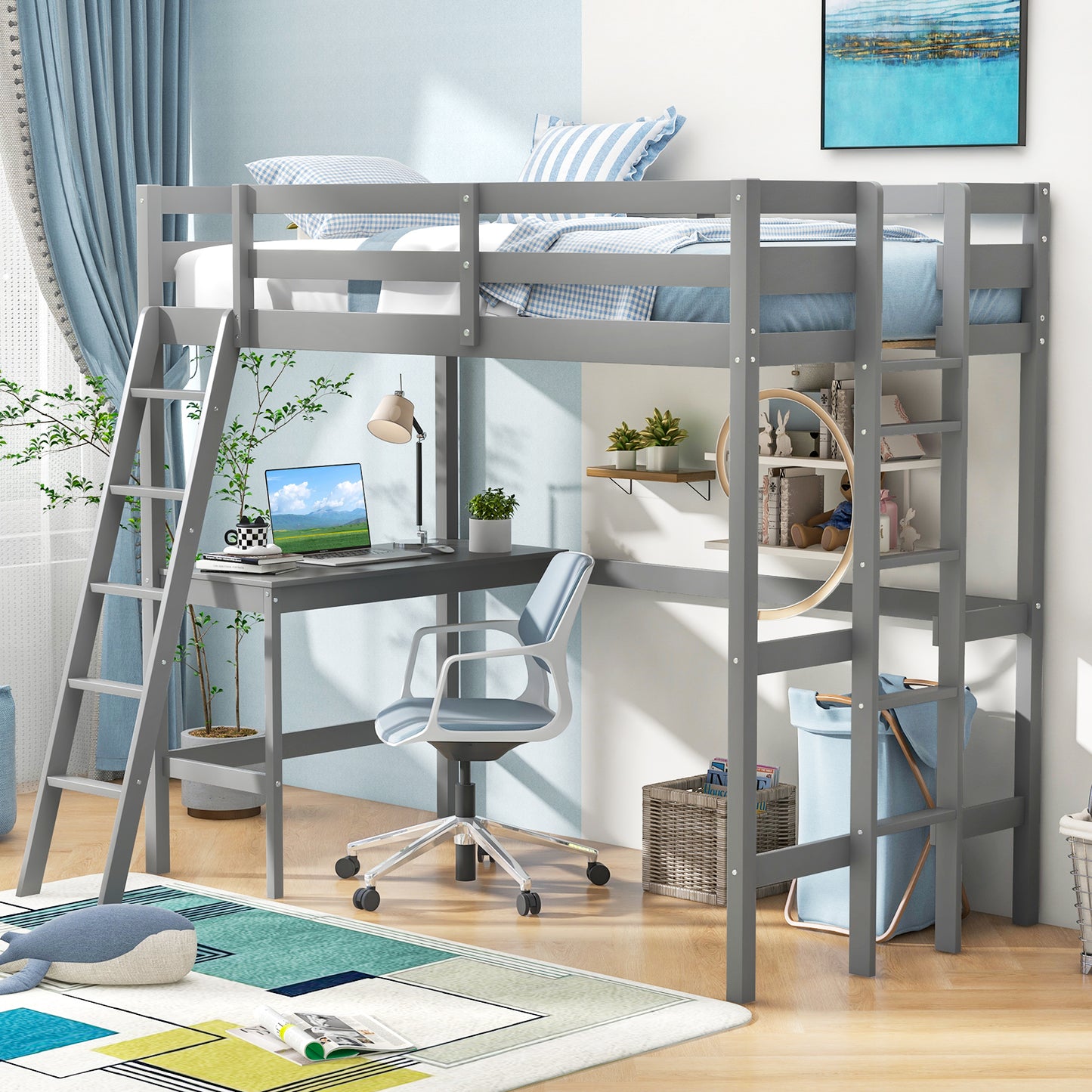 Twin Size Loft Bed Frame with Desk Angled and Built-in Ladder-Gray Kids Crystal