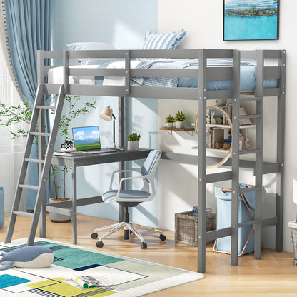 Twin Size Loft Bed Frame with Desk Angled and Built-in Ladder-Gray
